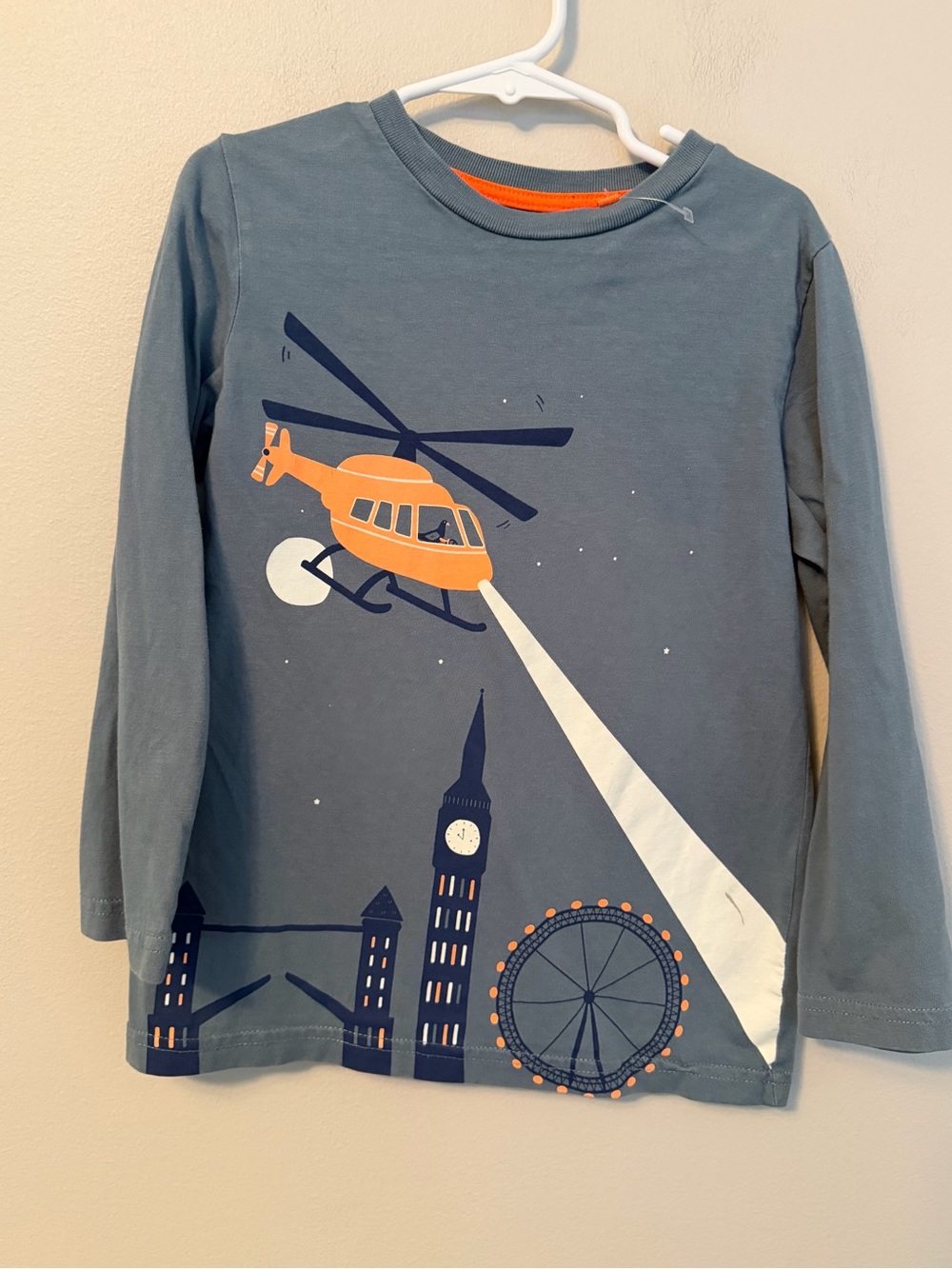 Mini Boden Helicopter Graphic Long-Sleeve Shirt - Slate Blue & Orange
